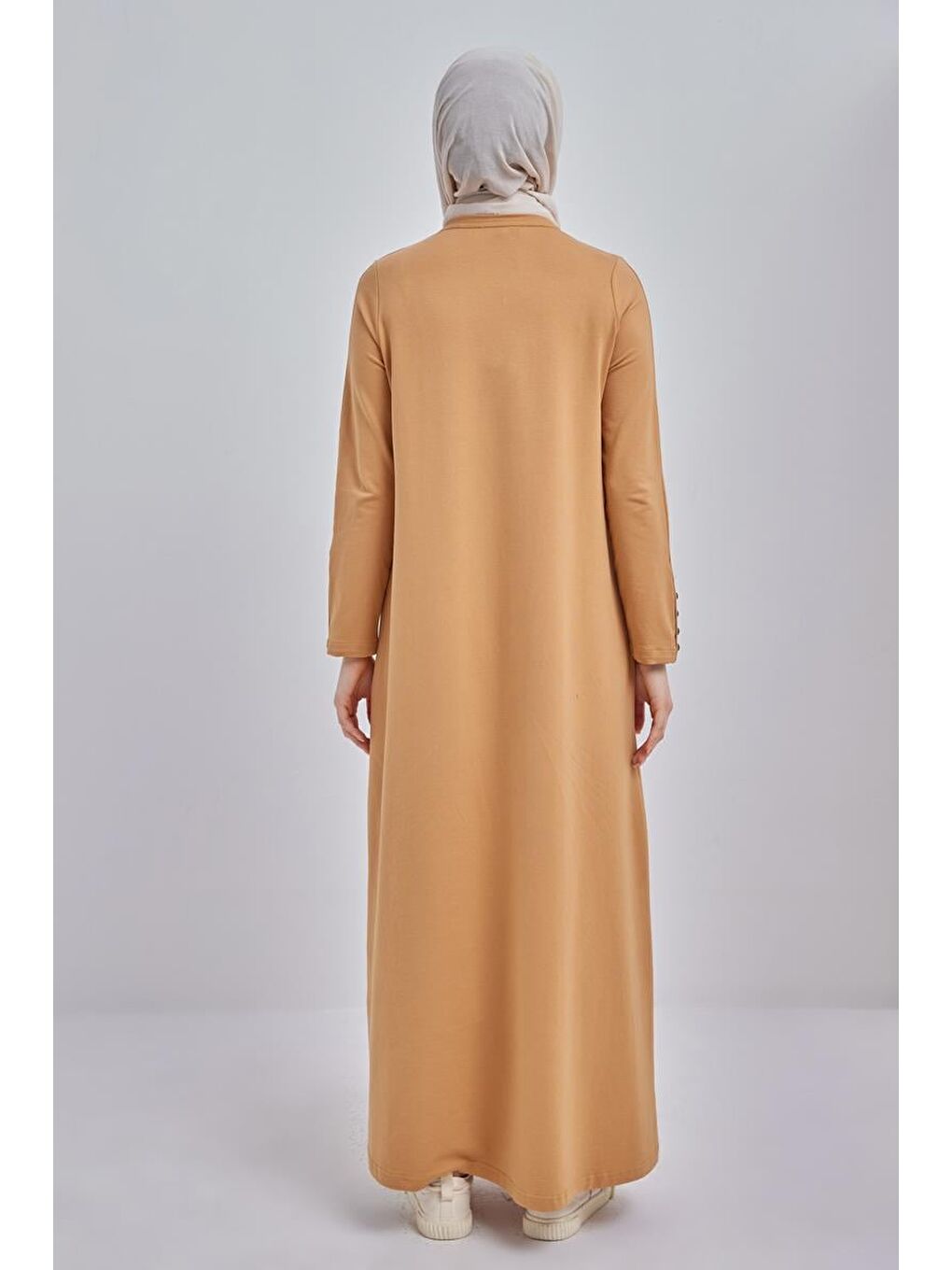 Sarı Hardal-Pamuklu Kolları Düğmeli Penye Elbise-2