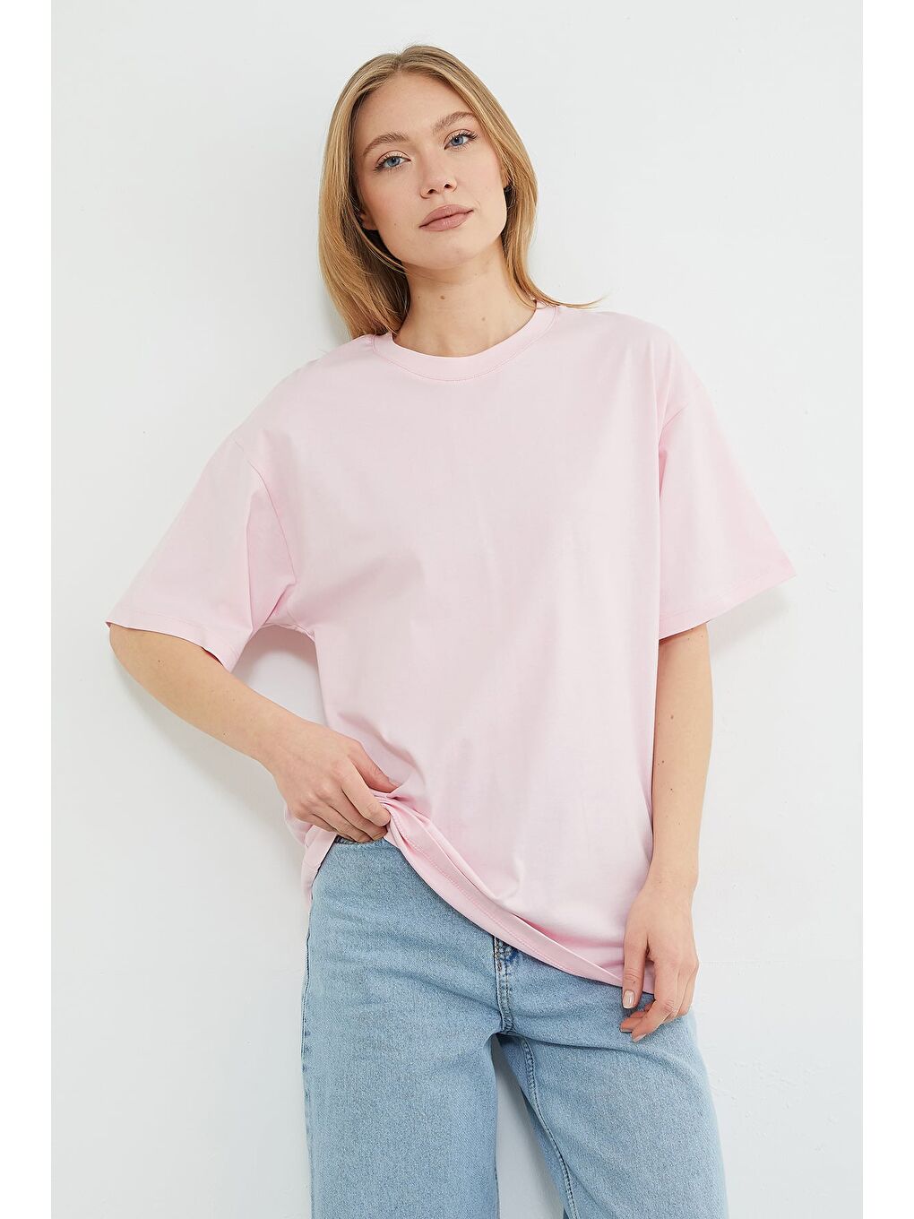 Pembe Basic Bisiklet Yaka Oversize Tişört-3