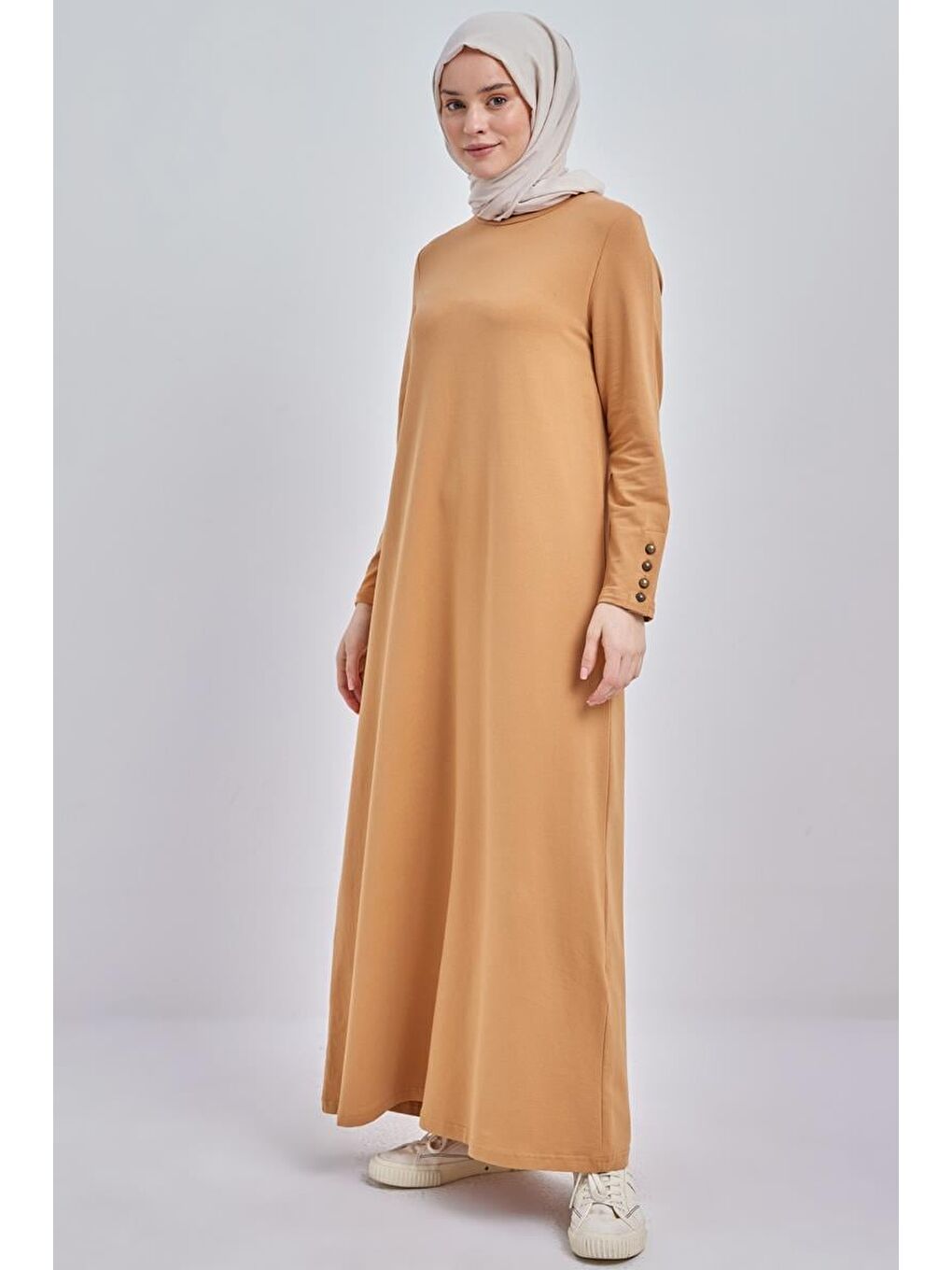 Sarı Hardal-Pamuklu Kolları Düğmeli Penye Elbise-3