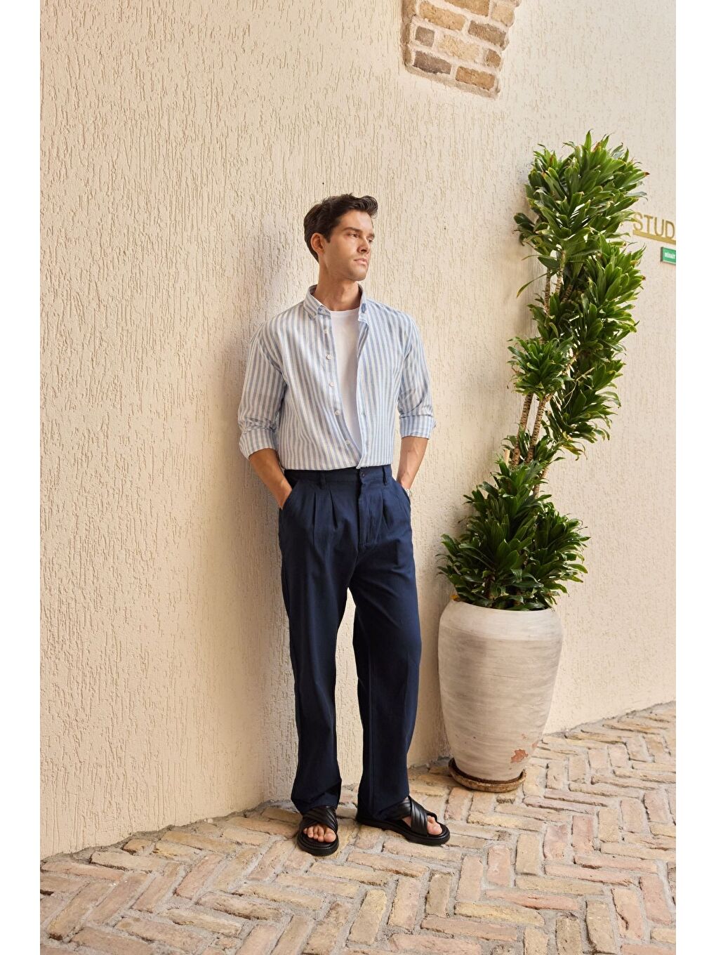 Lacivert Boso Erkek Çift Pileli Keten Baggy Pantolon-1