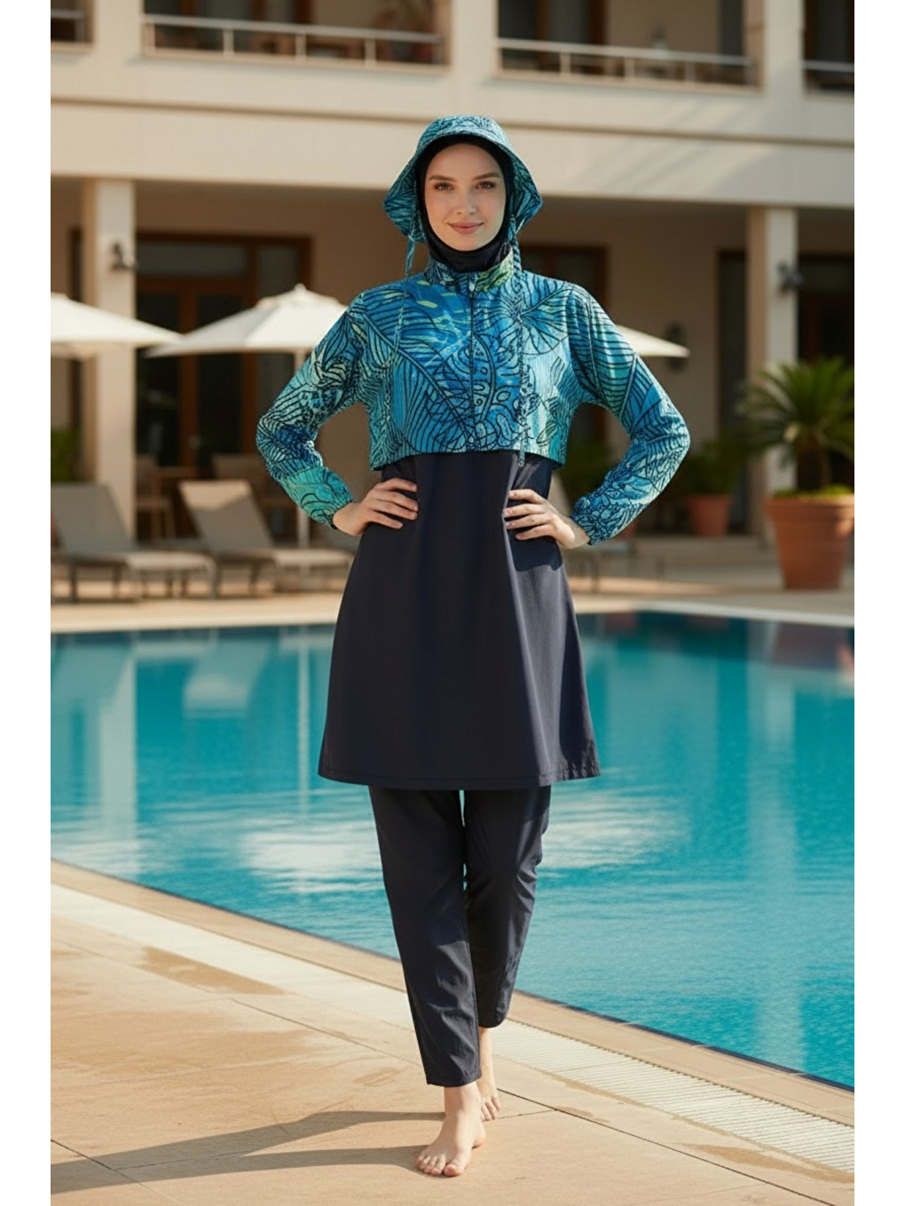 Lacivert Hızlı Kuruyan Paraşüt Kumaş 5 Parça Tam Kapalı Tesettür Mayo 25344-1