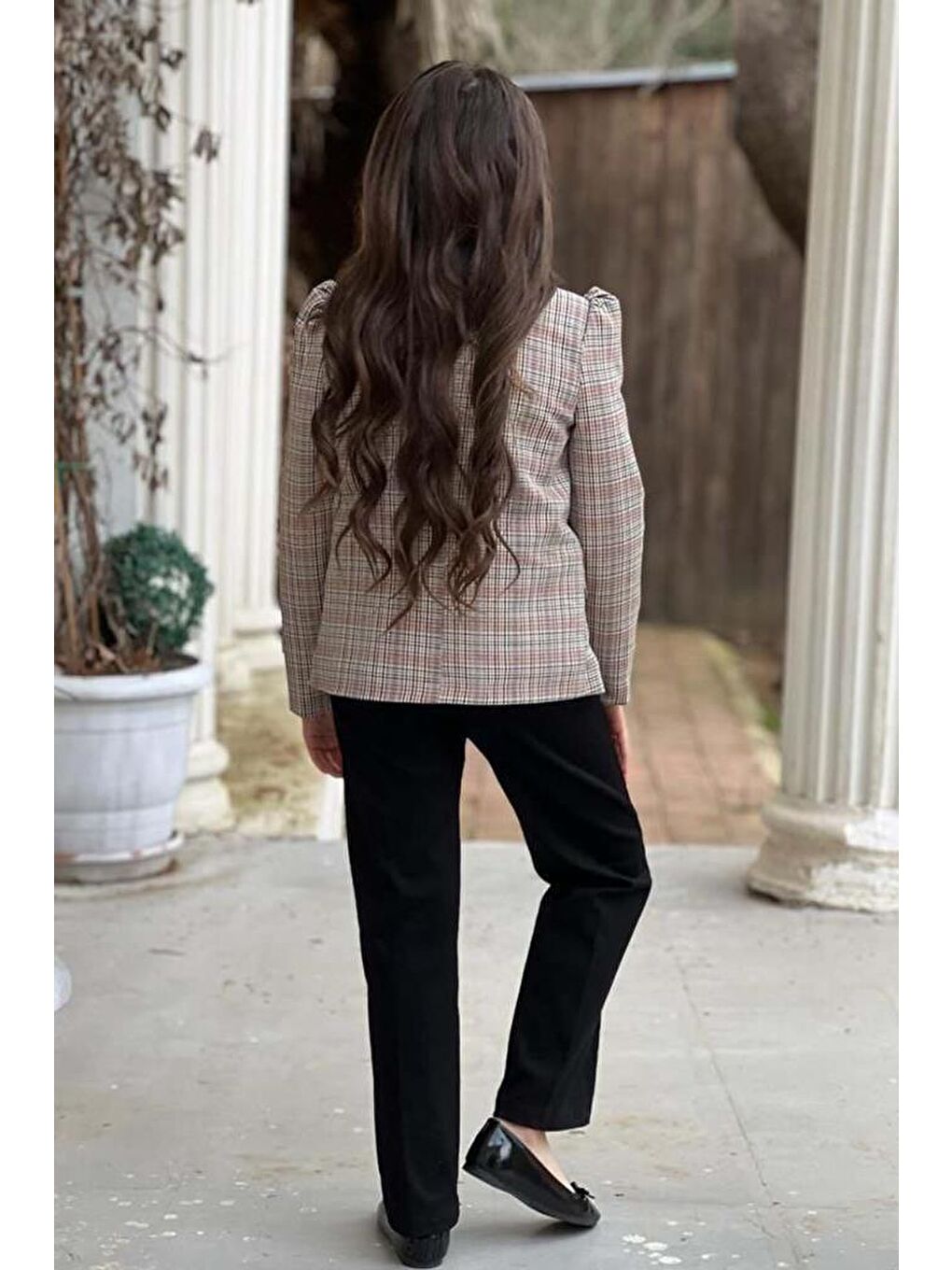 Kız Çocuk Yakası Açık Ve Taş Detaylı Bluz Ekose Çizgi Blazer Ceket Kemerli Siyah Alt Üst Takım-3