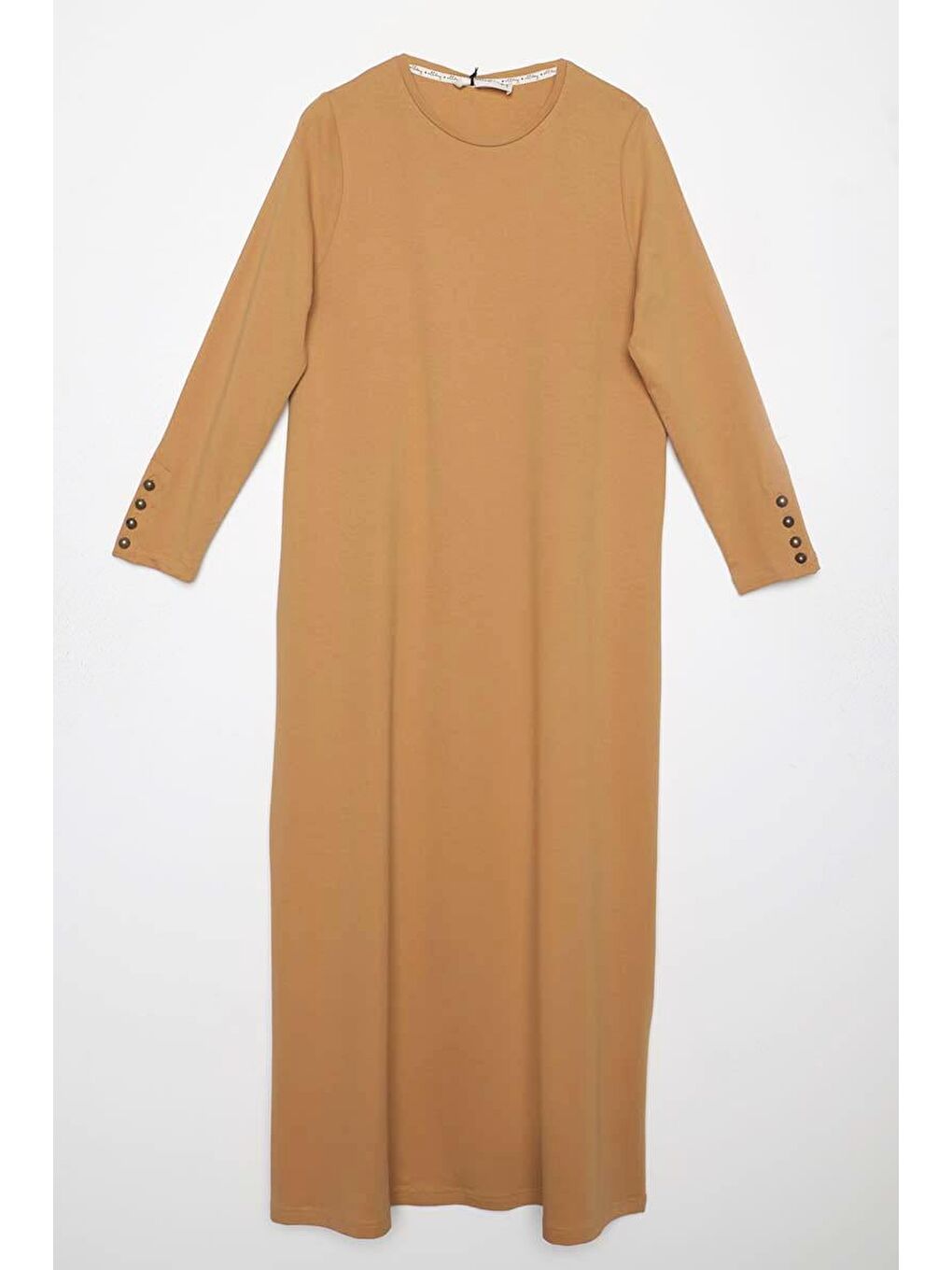 Sarı Hardal-Pamuklu Kolları Düğmeli Penye Elbise-5