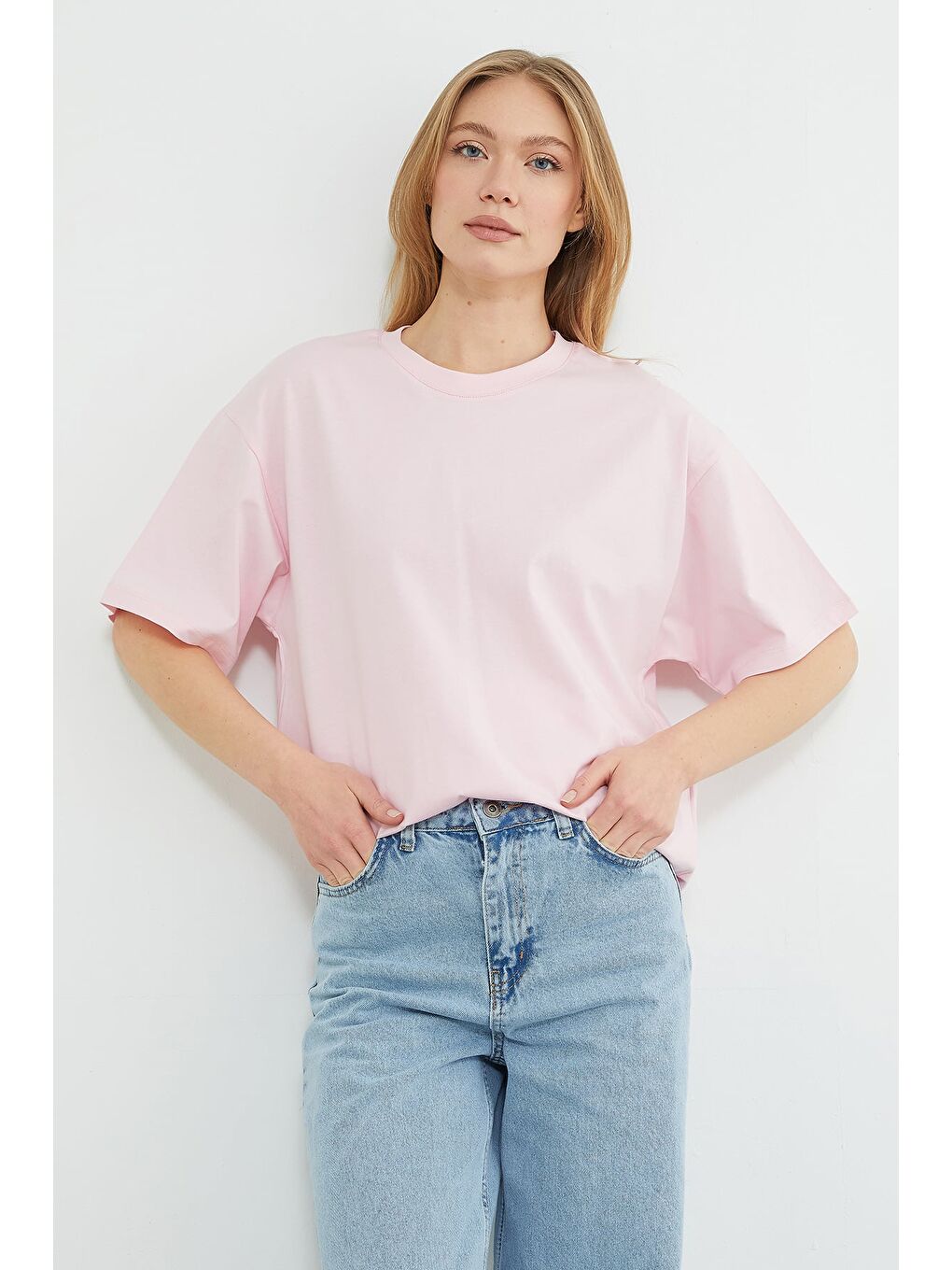 Pembe Basic Bisiklet Yaka Oversize Tişört-4