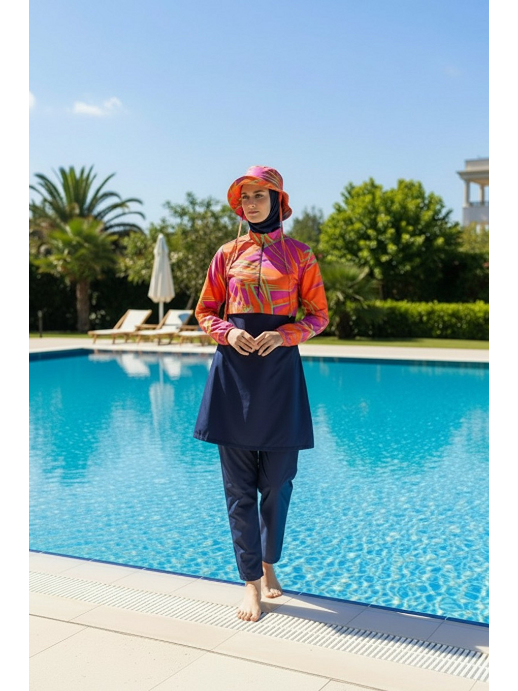 Lacivert Hızlı Kuruyan Paraşüt Kumaş 5 Parça Tam Kapalı Tesettür Mayo 25342-3