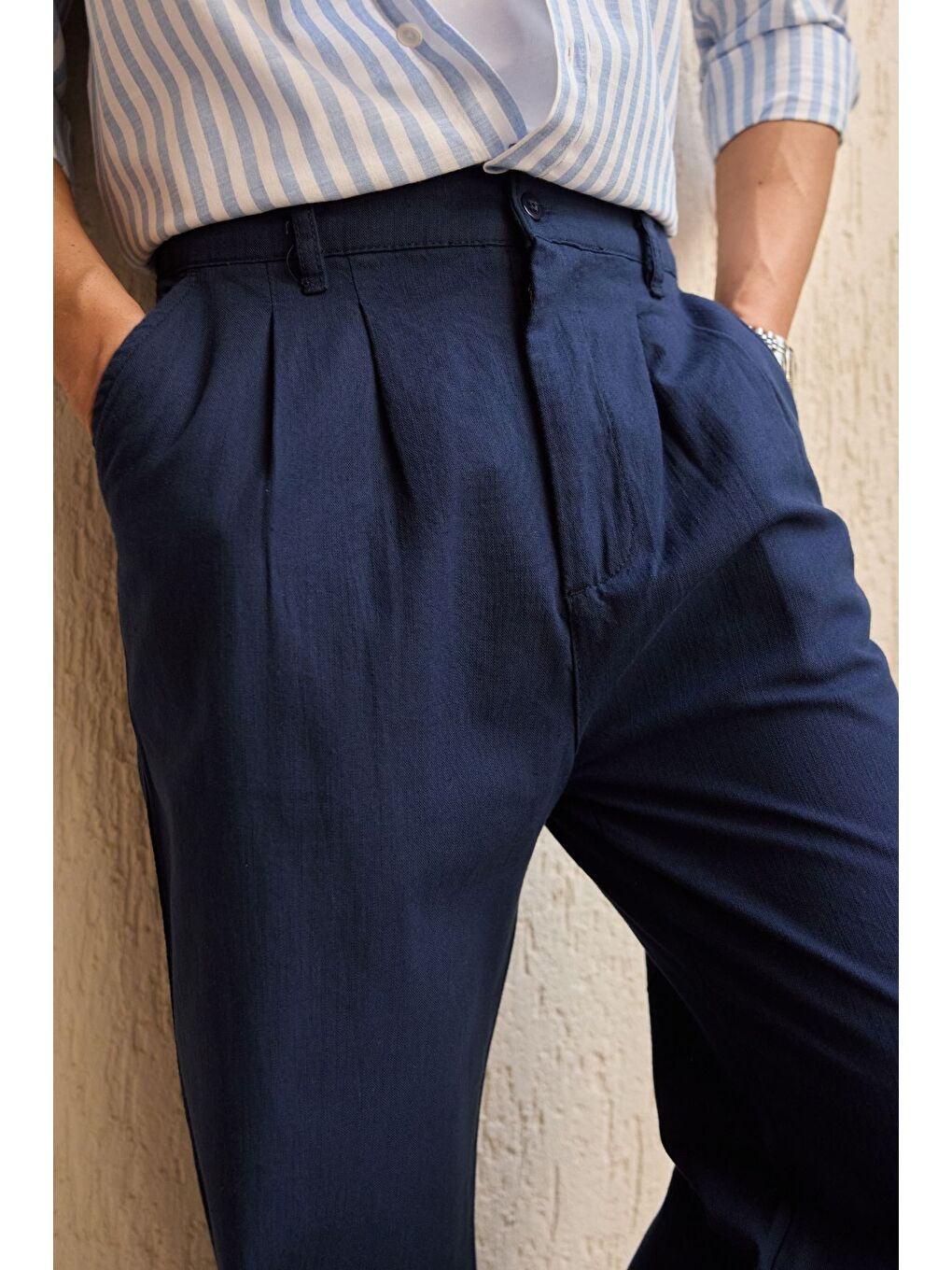 Lacivert Boso Erkek Çift Pileli Keten Baggy Pantolon-2