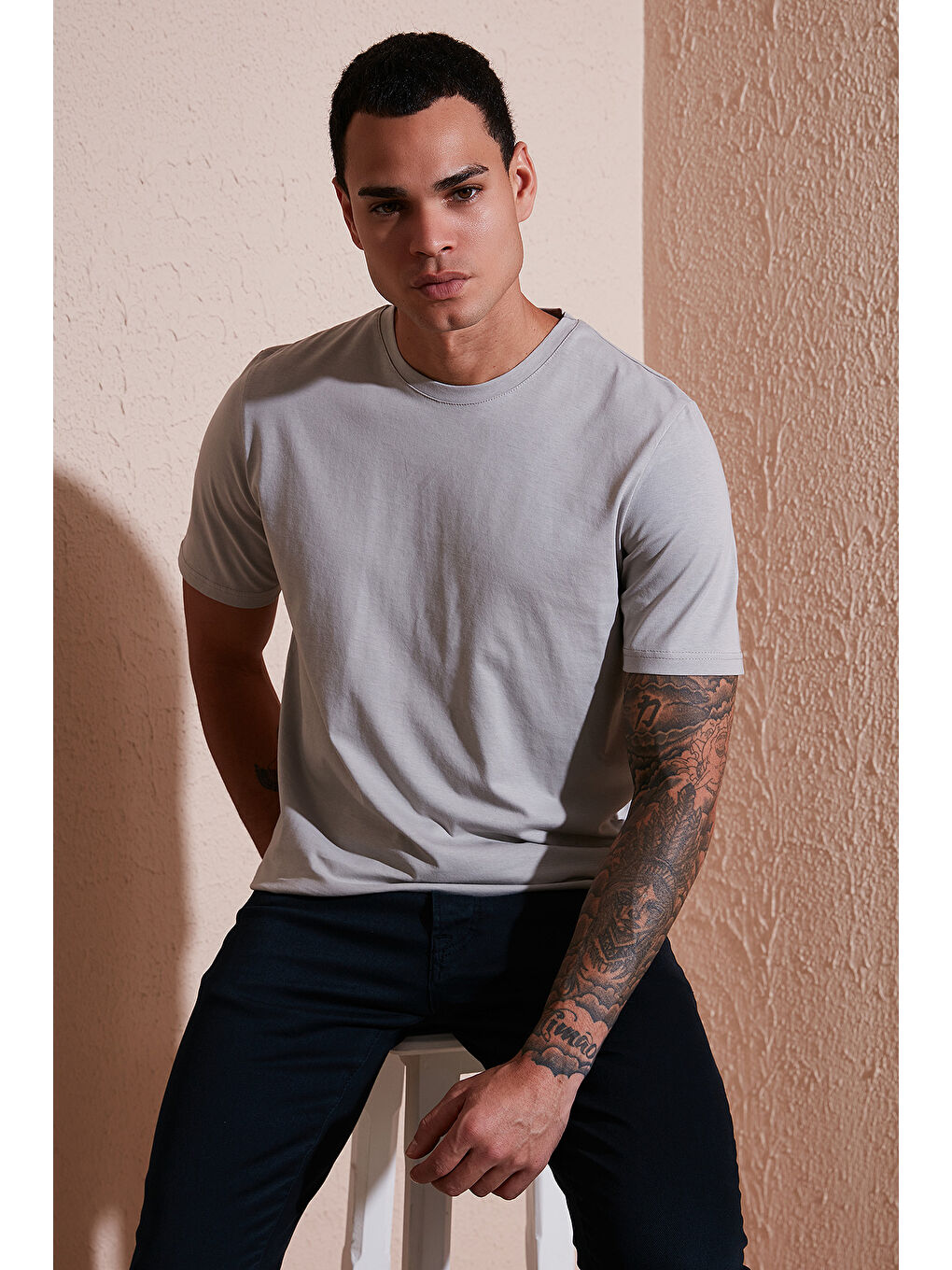 Gri Pamuklu Regular Fit Bisiklet Yaka %100 Pamuk Tişört 59020204
