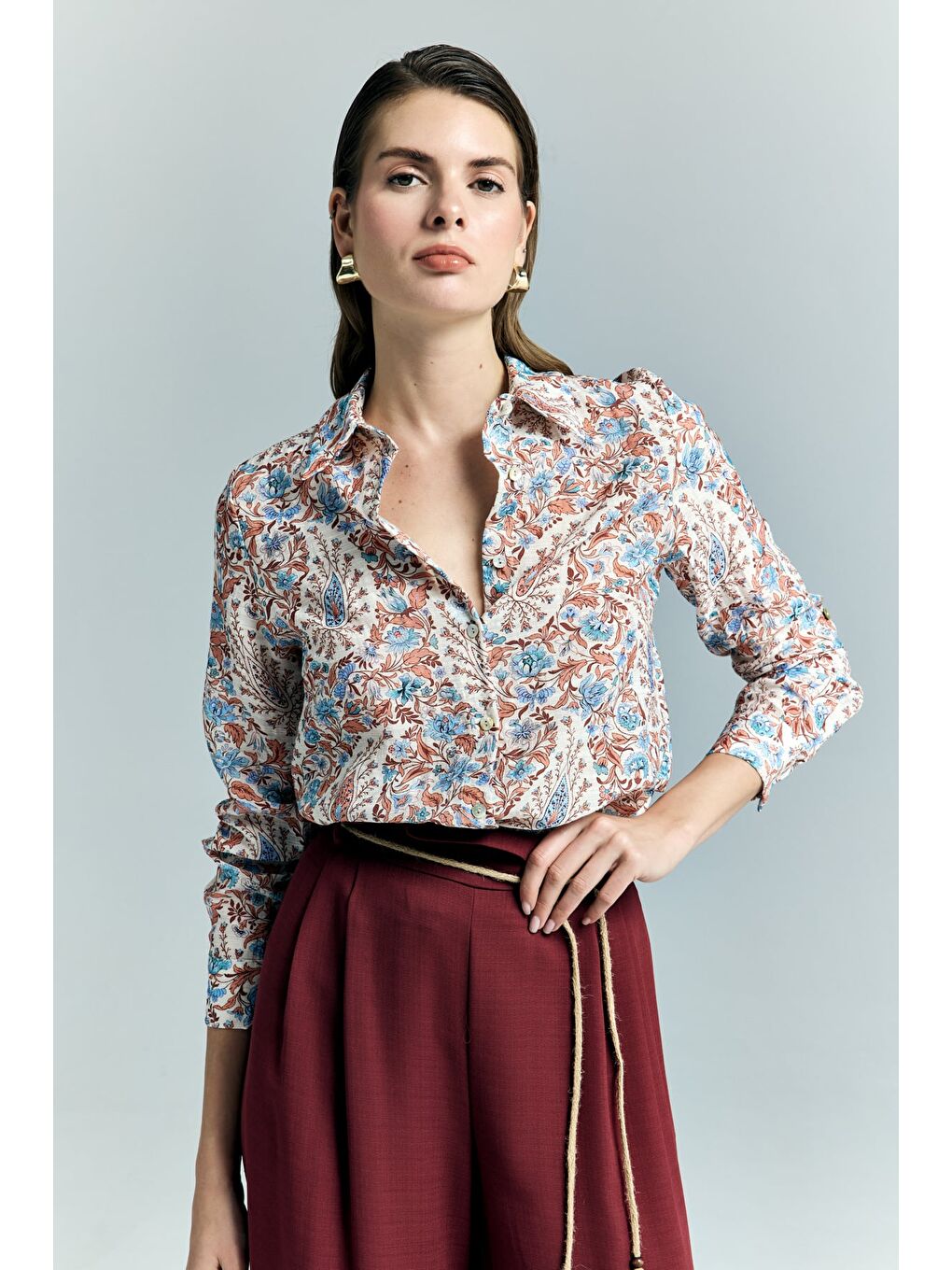 Şal Desen Kolu Katlamalı Gömlek - Mavi