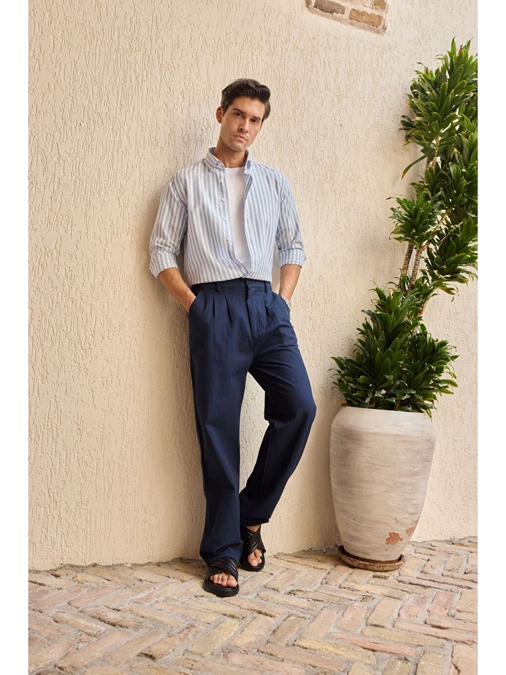 Lacivert Boso Erkek Çift Pileli Keten Baggy Pantolon-3