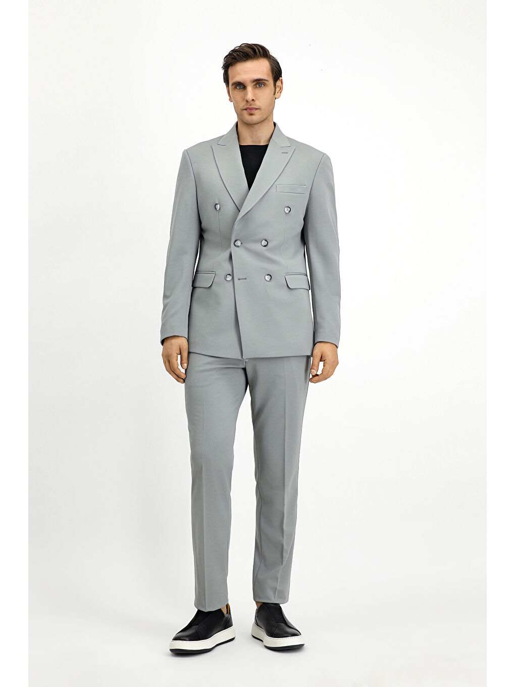 Gri Slim Fit Dar Kesim Kruvaze Takım Elbise