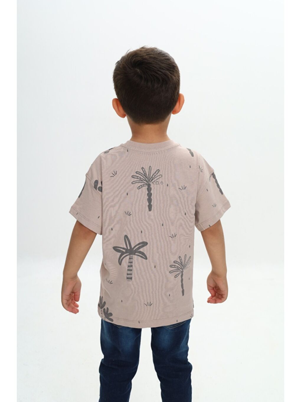 Bej Erkek Çocuk Göğsü Cepli Palmiye Baskılı Tişört-2