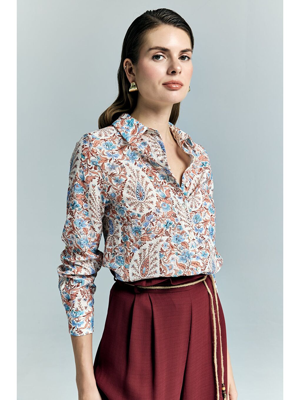 Şal Desen Kolu Katlamalı Gömlek - Mavi-1