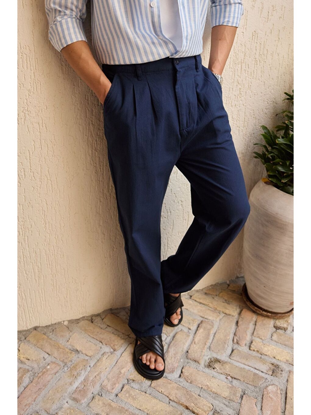 Lacivert Boso Erkek Çift Pileli Keten Baggy Pantolon-4
