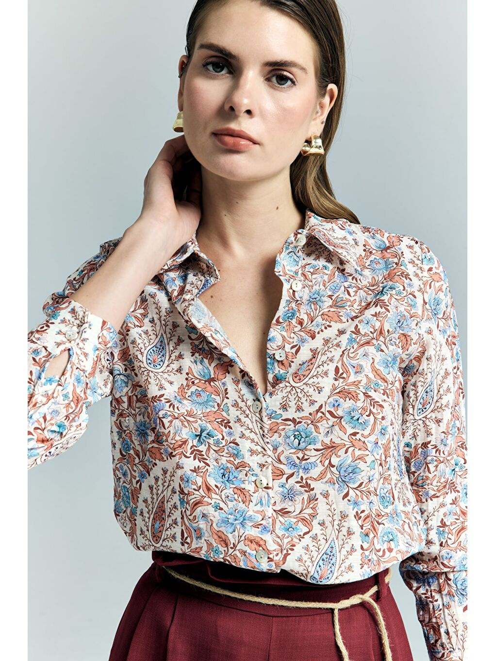 Şal Desen Kolu Katlamalı Gömlek - Mavi-2