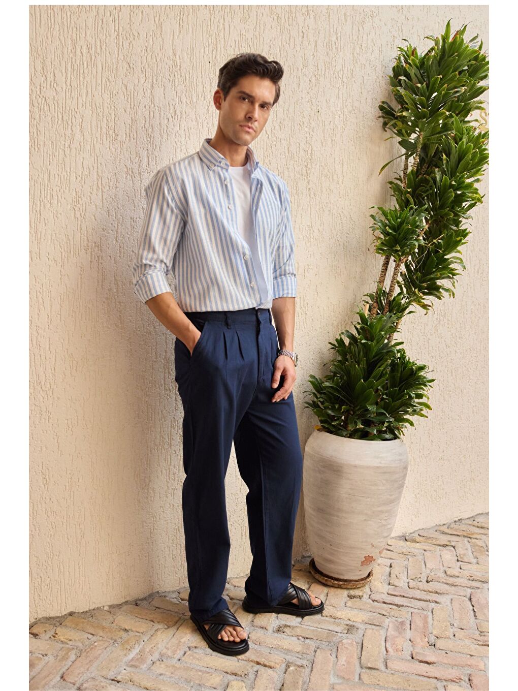 Lacivert Boso Erkek Çift Pileli Keten Baggy Pantolon-5