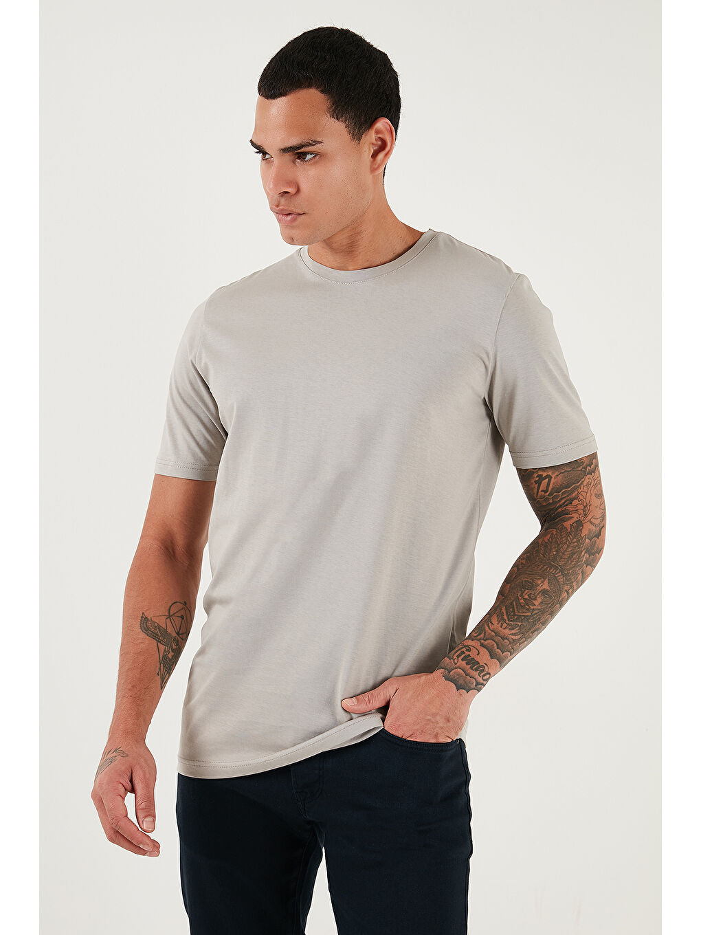 Gri Pamuklu Regular Fit Bisiklet Yaka %100 Pamuk Tişört 59020204-2