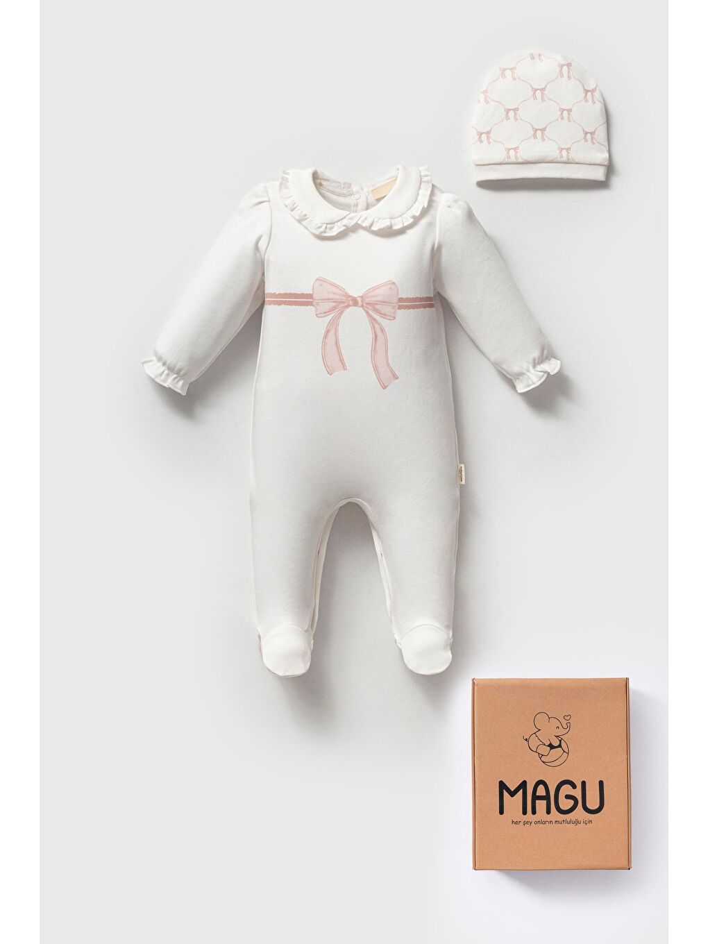 Karışık Kız Bebek Pamuklu Ekru Fiyonklu Yaka Detaylı Tulum Ve Şapka Seti