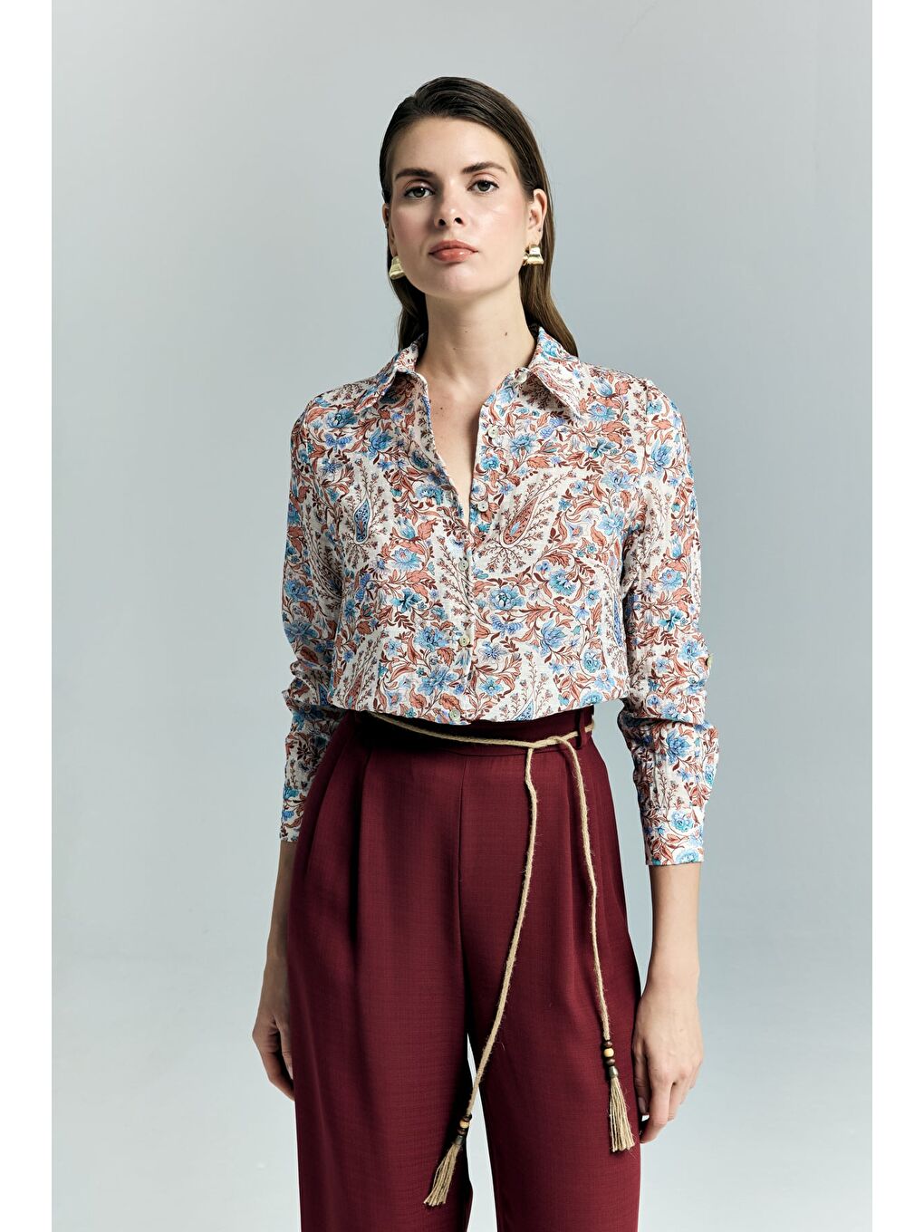 Şal Desen Kolu Katlamalı Gömlek - Mavi-3