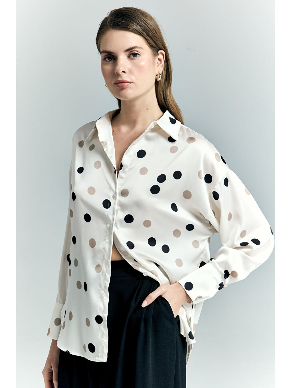 Puantiye Desenli Salaş Gömlek - Ekru-2