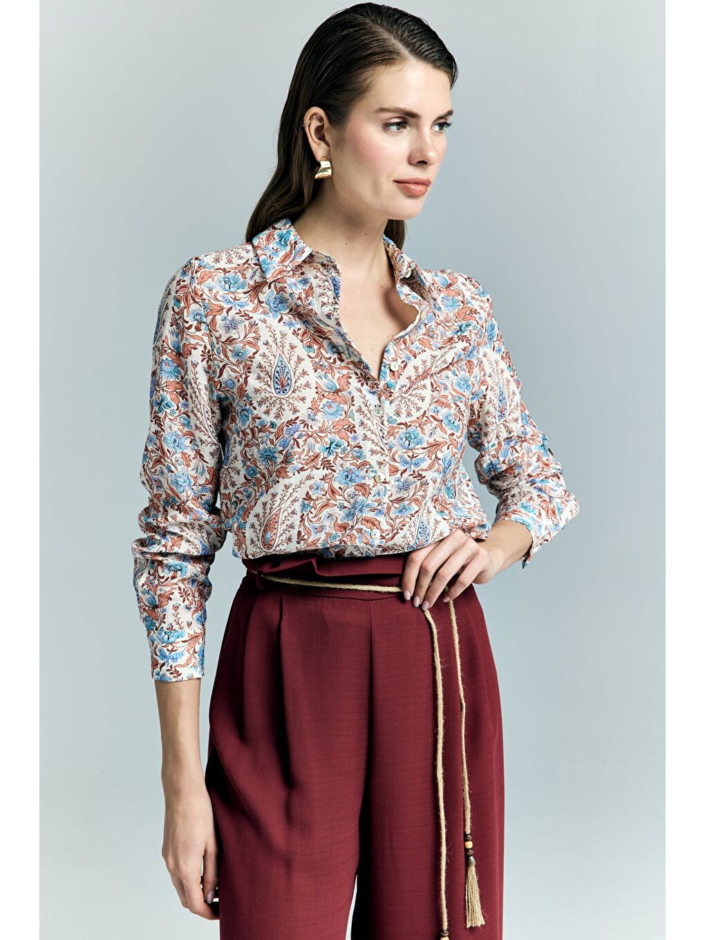 Şal Desen Kolu Katlamalı Gömlek - Mavi-4