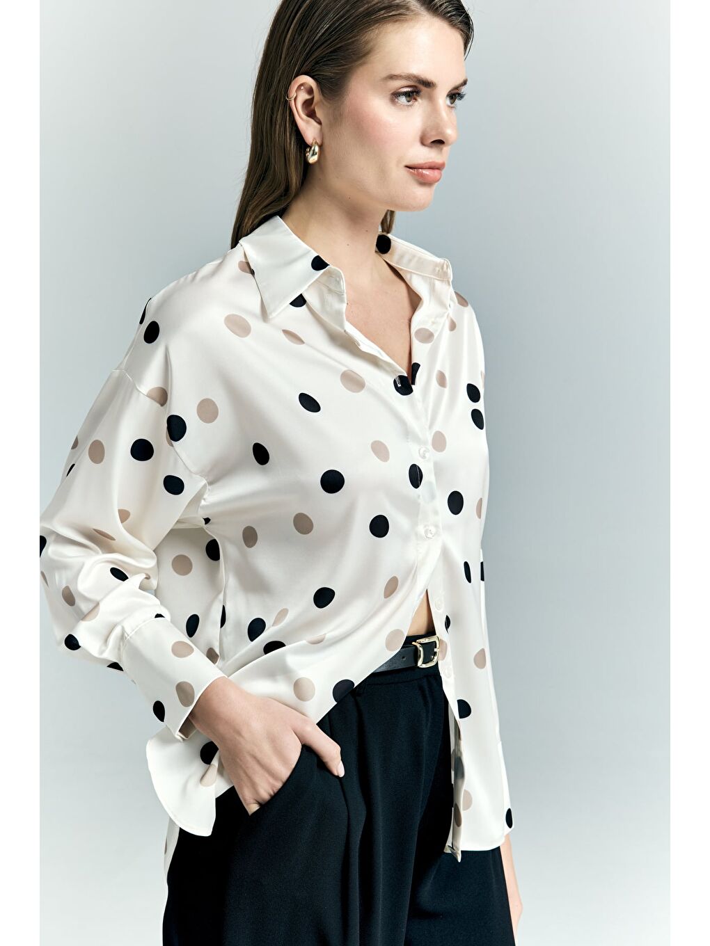 Puantiye Desenli Salaş Gömlek - Ekru-3