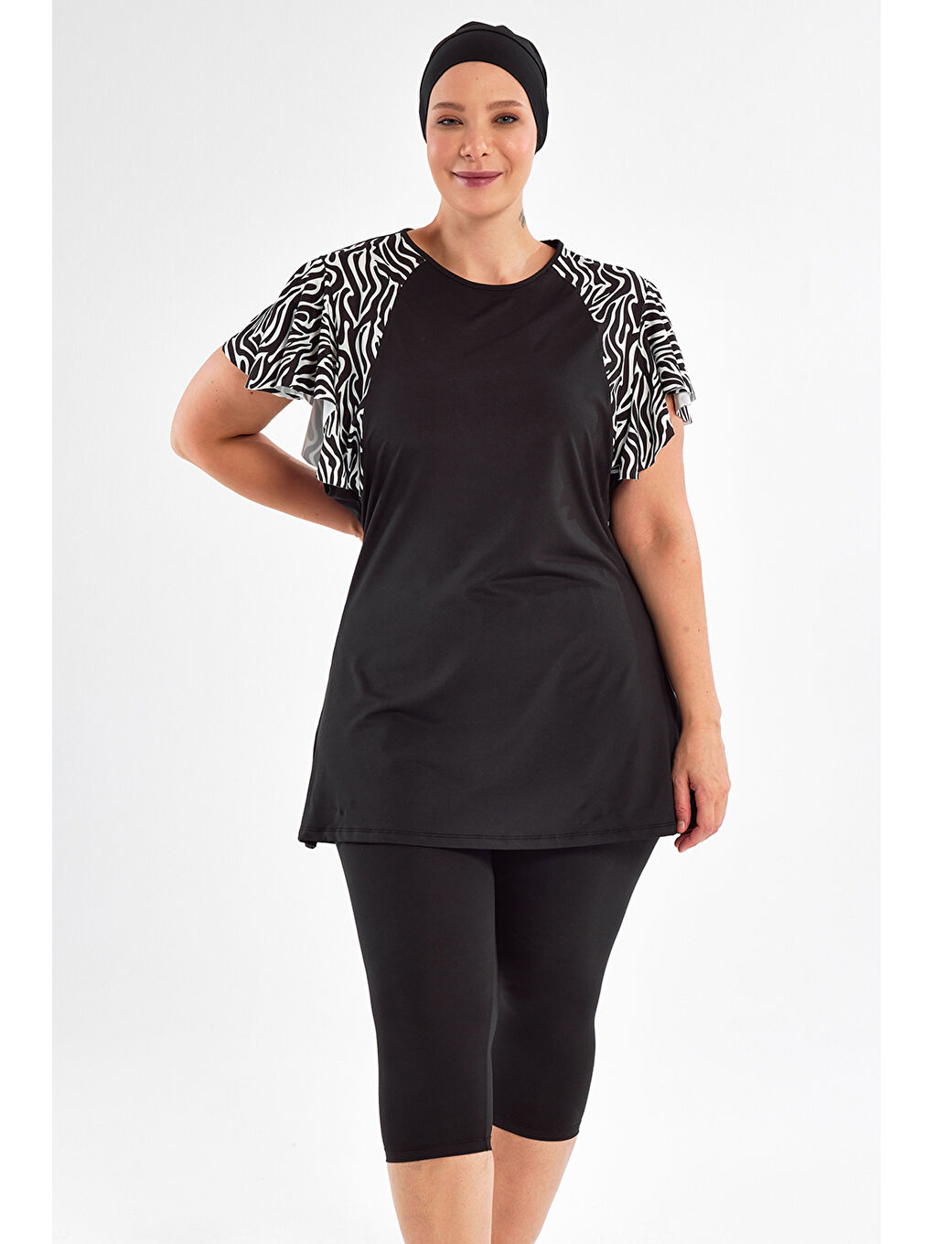 Büyük Beden Kısa Kollu Yarı Kapalı Mayo 2805 Siyah