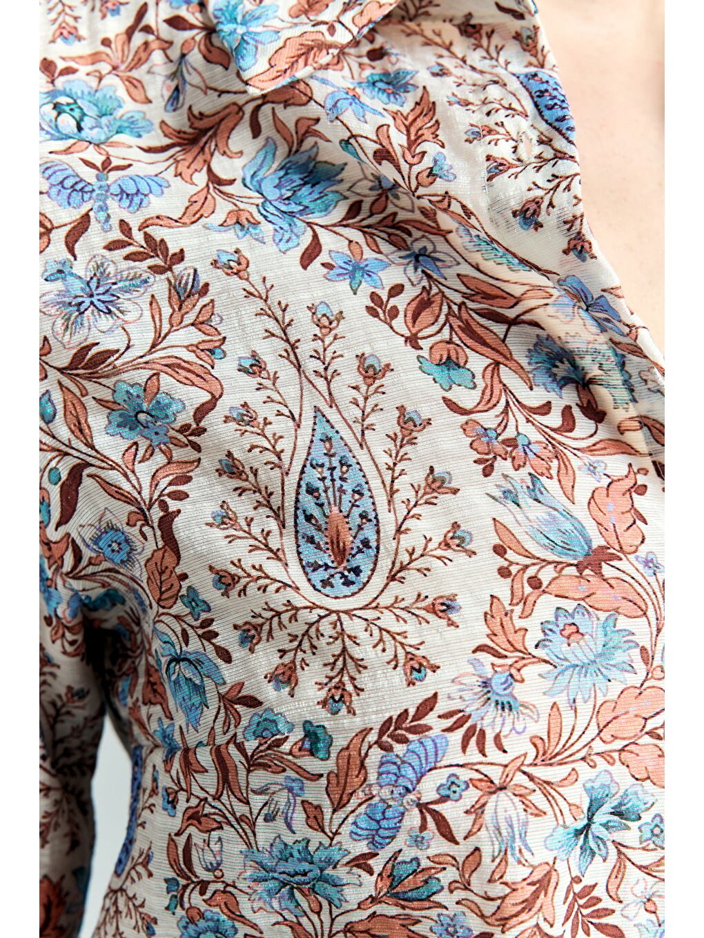 Şal Desen Kolu Katlamalı Gömlek - Mavi-5