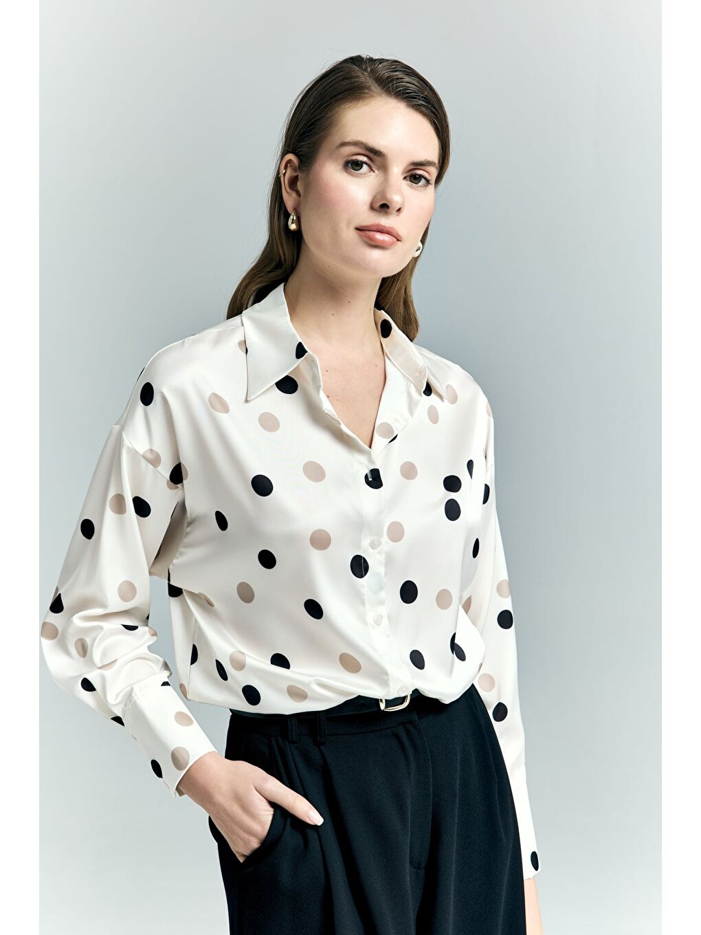 Puantiye Desenli Salaş Gömlek - Ekru-4