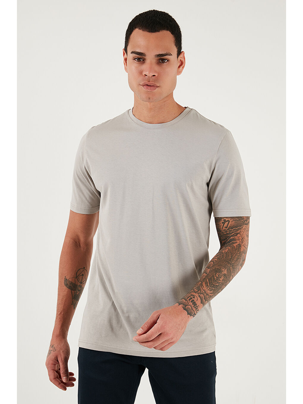 Gri Pamuklu Regular Fit Bisiklet Yaka %100 Pamuk Tişört 59020204-4