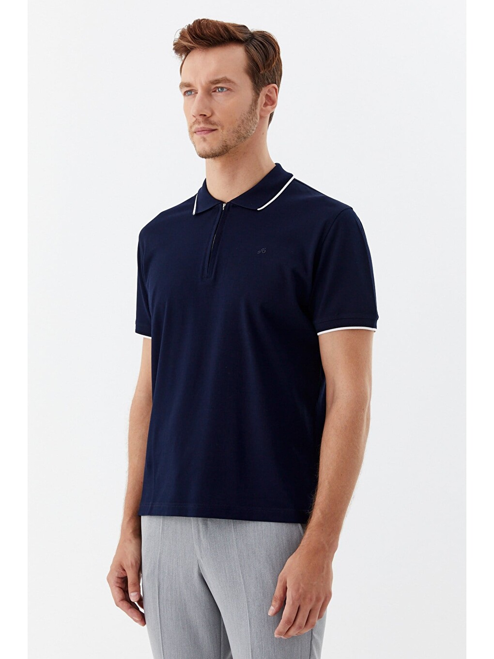 Lacivert Regular Fit %100 Pamuk Fermuarlı Polo Yaka T-shirt-1