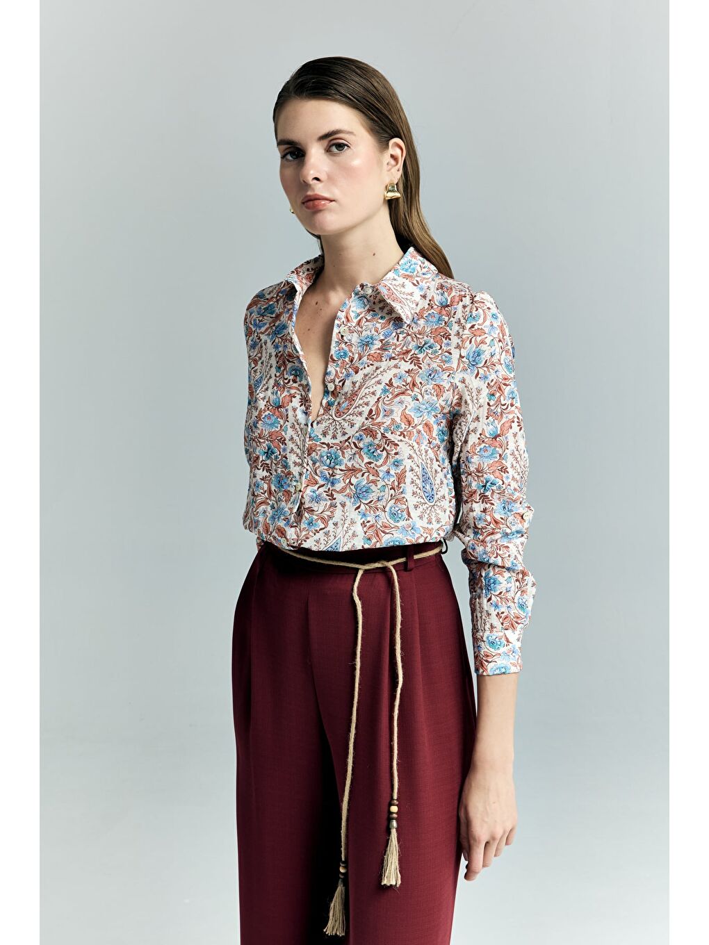 Şal Desen Kolu Katlamalı Gömlek - Mavi-6