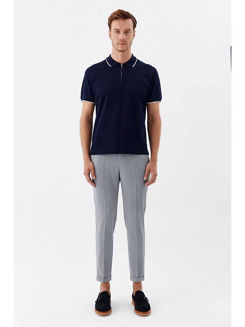 Lacivert Regular Fit %100 Pamuk Fermuarlı Polo Yaka T-shirt-2