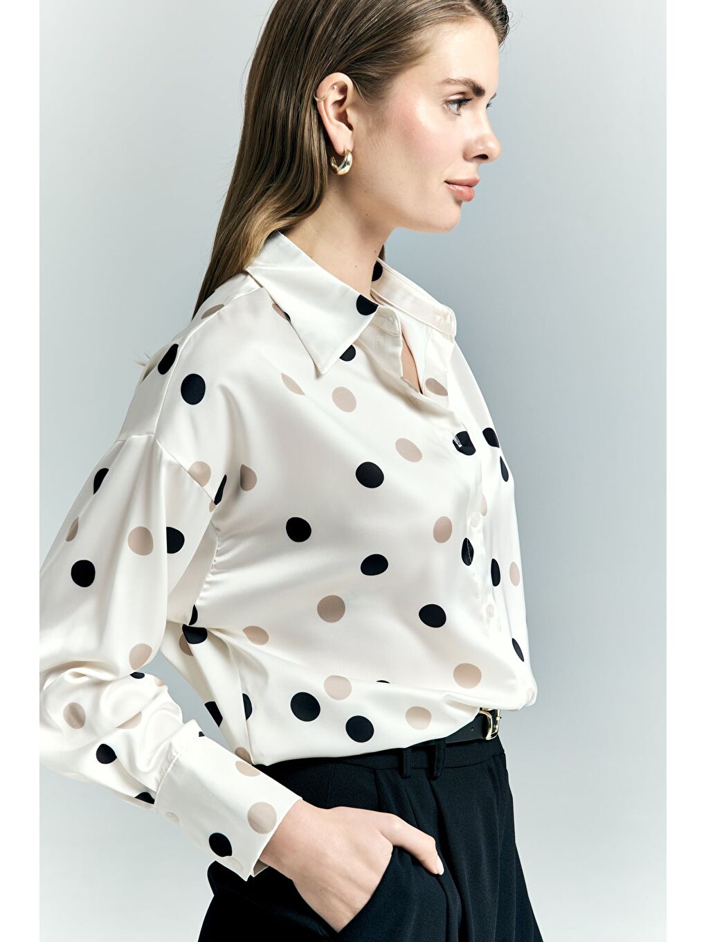 Puantiye Desenli Salaş Gömlek - Ekru-5