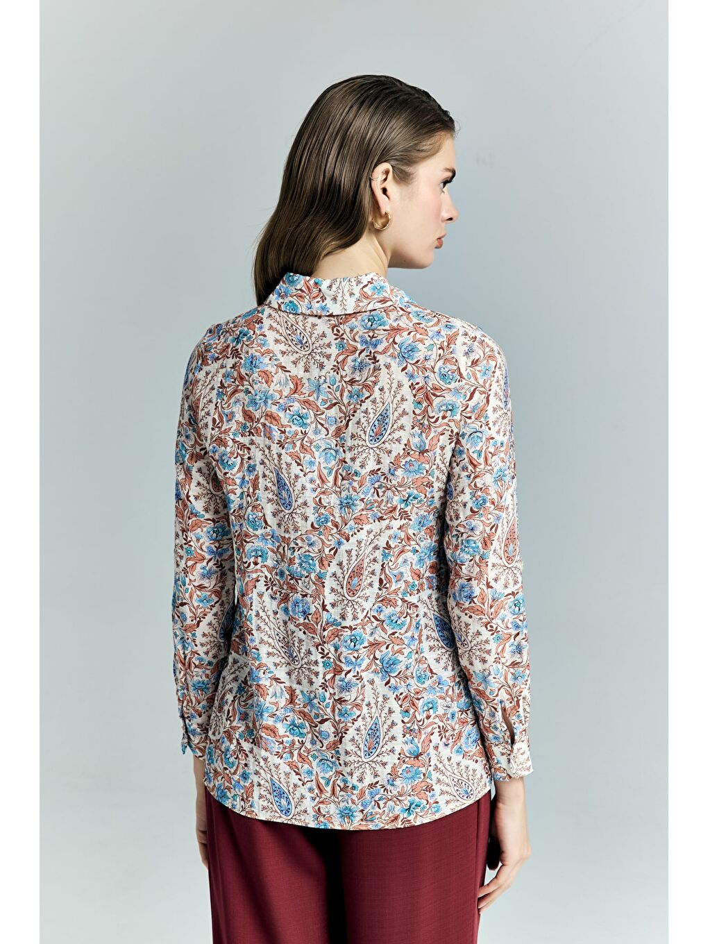 Şal Desen Kolu Katlamalı Gömlek - Mavi-7