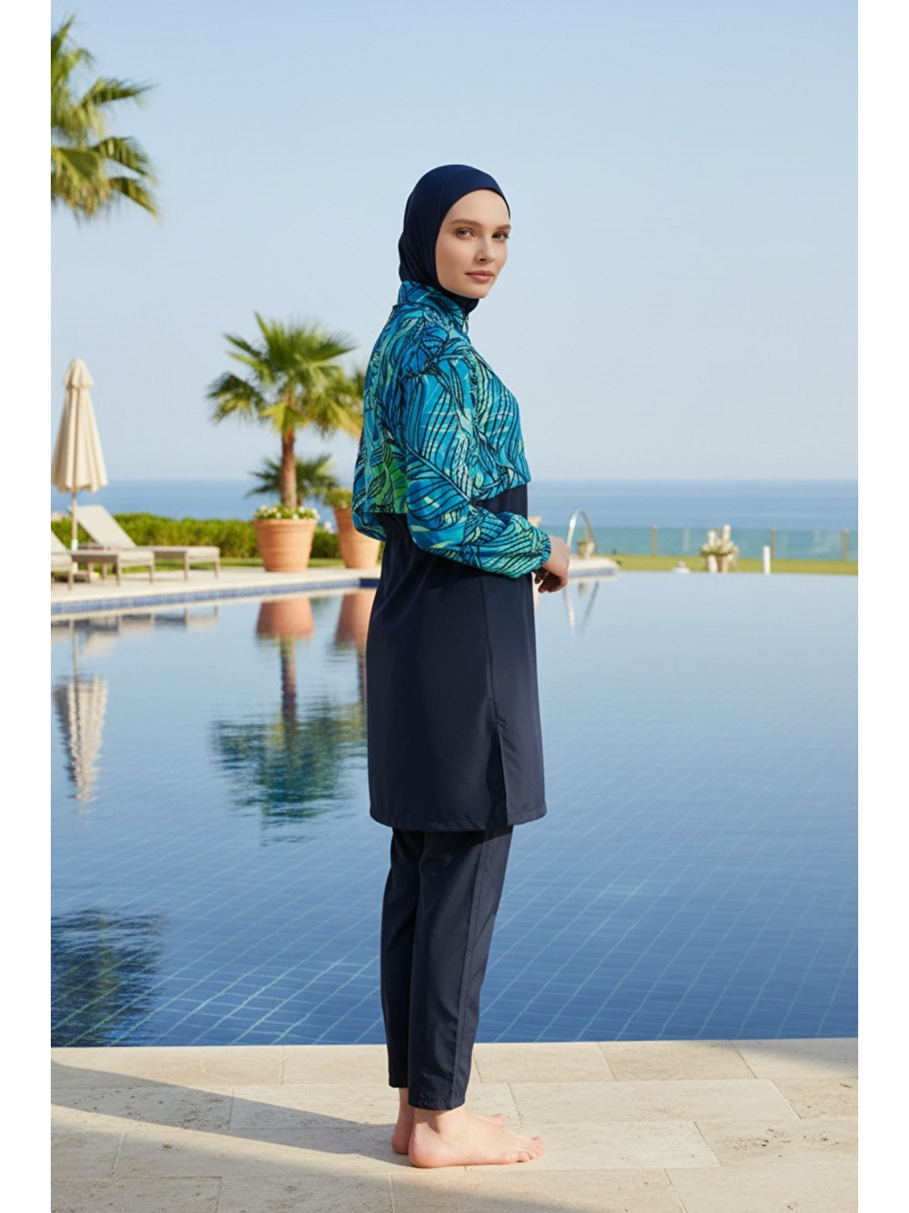 Lacivert Hızlı Kuruyan Paraşüt Kumaş 5 Parça Tam Kapalı Tesettür Mayo 25344-3