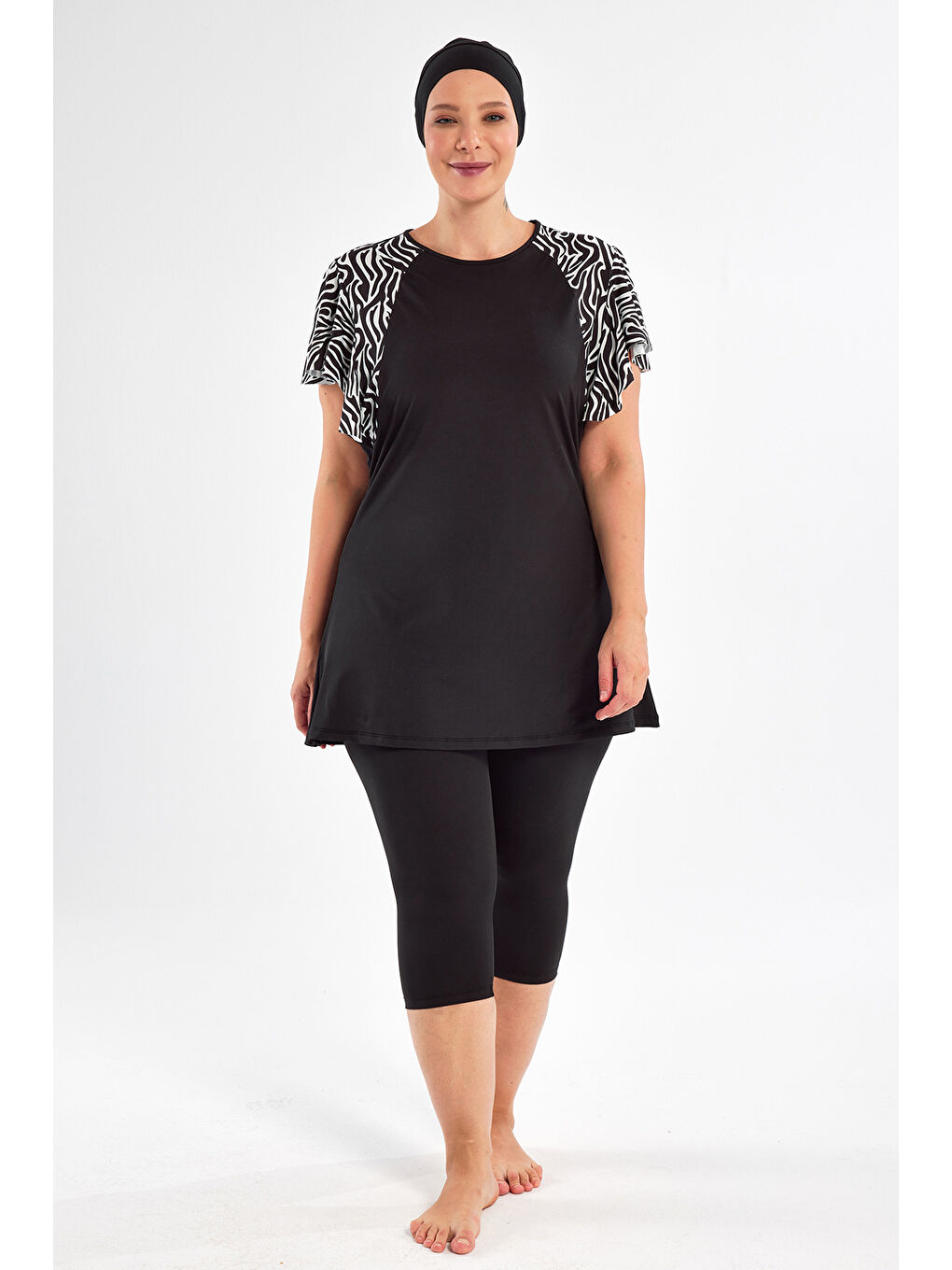 Büyük Beden Kısa Kollu Yarı Kapalı Mayo 2805 Siyah-1