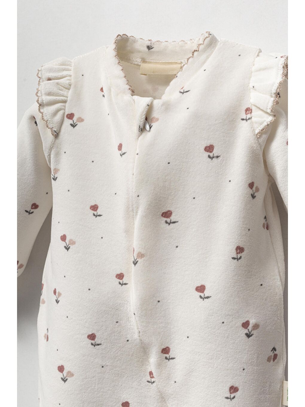 Kız Bebek Organik Pamuklu Ekru Çiçek Desenli Fırfır Kollu Tulum - Rahat Ve Şirin-4