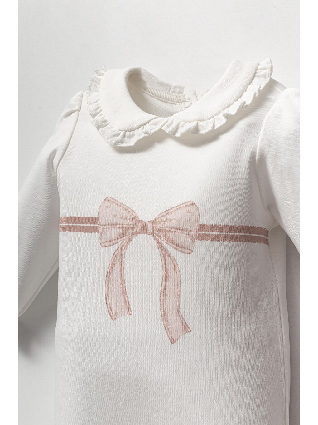 Karışık Kız Bebek Pamuklu Ekru Fiyonklu Yaka Detaylı Tulum Ve Şapka Seti-1