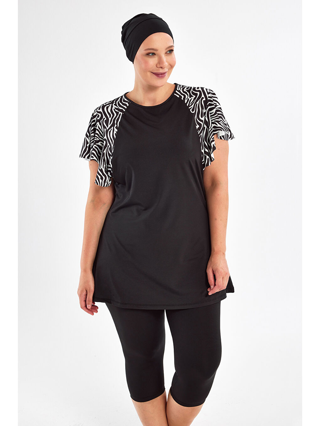 Büyük Beden Kısa Kollu Yarı Kapalı Mayo 2805 Siyah-2