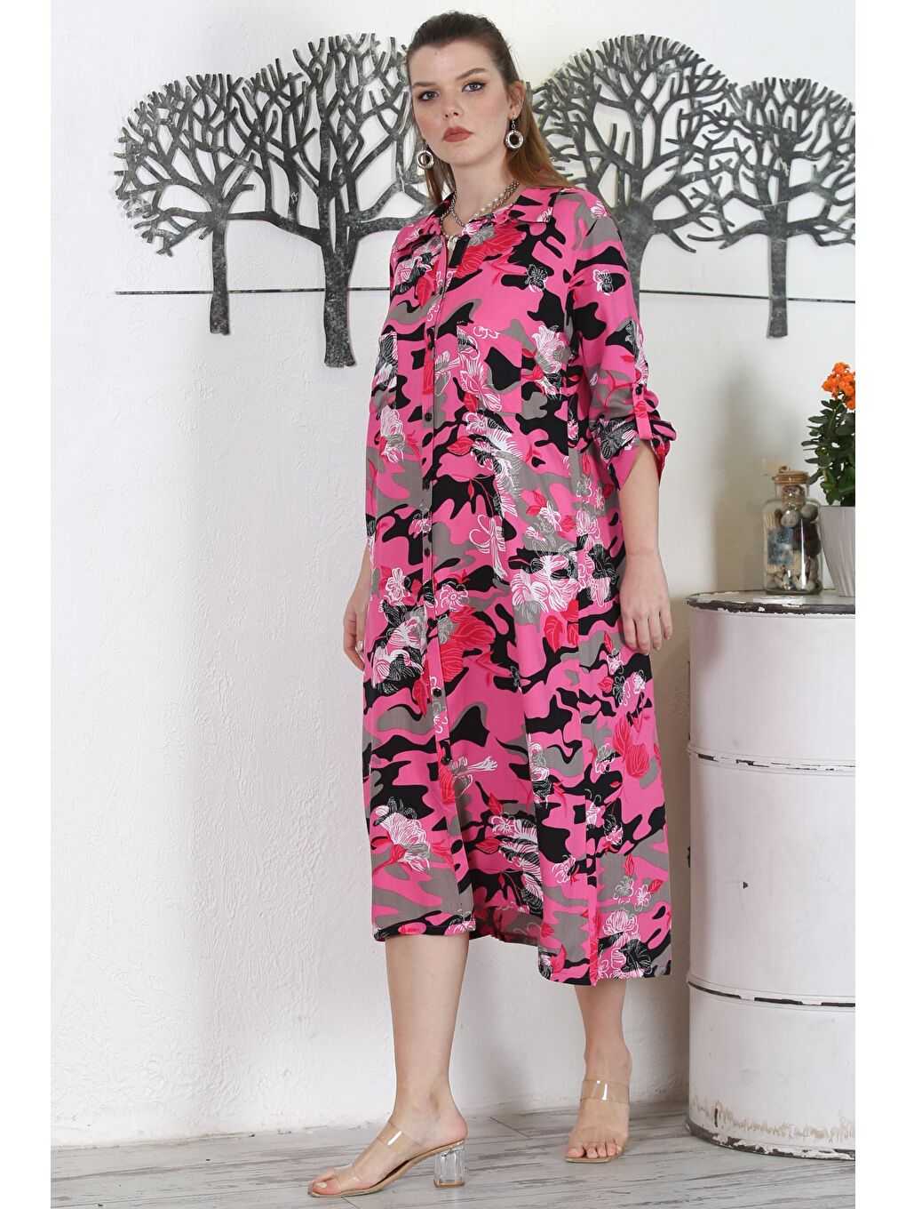 Kahverengi Kamuflaj Fuşya Gömlek Yaka Düğmeli Uzun Kollu Baskılı Casual Dokuma Elbise-5