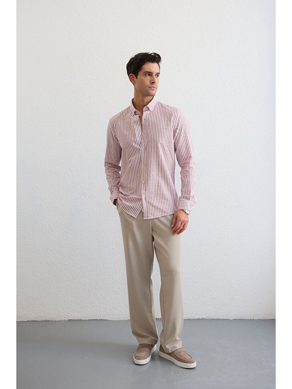 Pembe Senoc Erkek Gömlek Modern Slim Fit Keten Görünümlü Kalın Çizgili-1