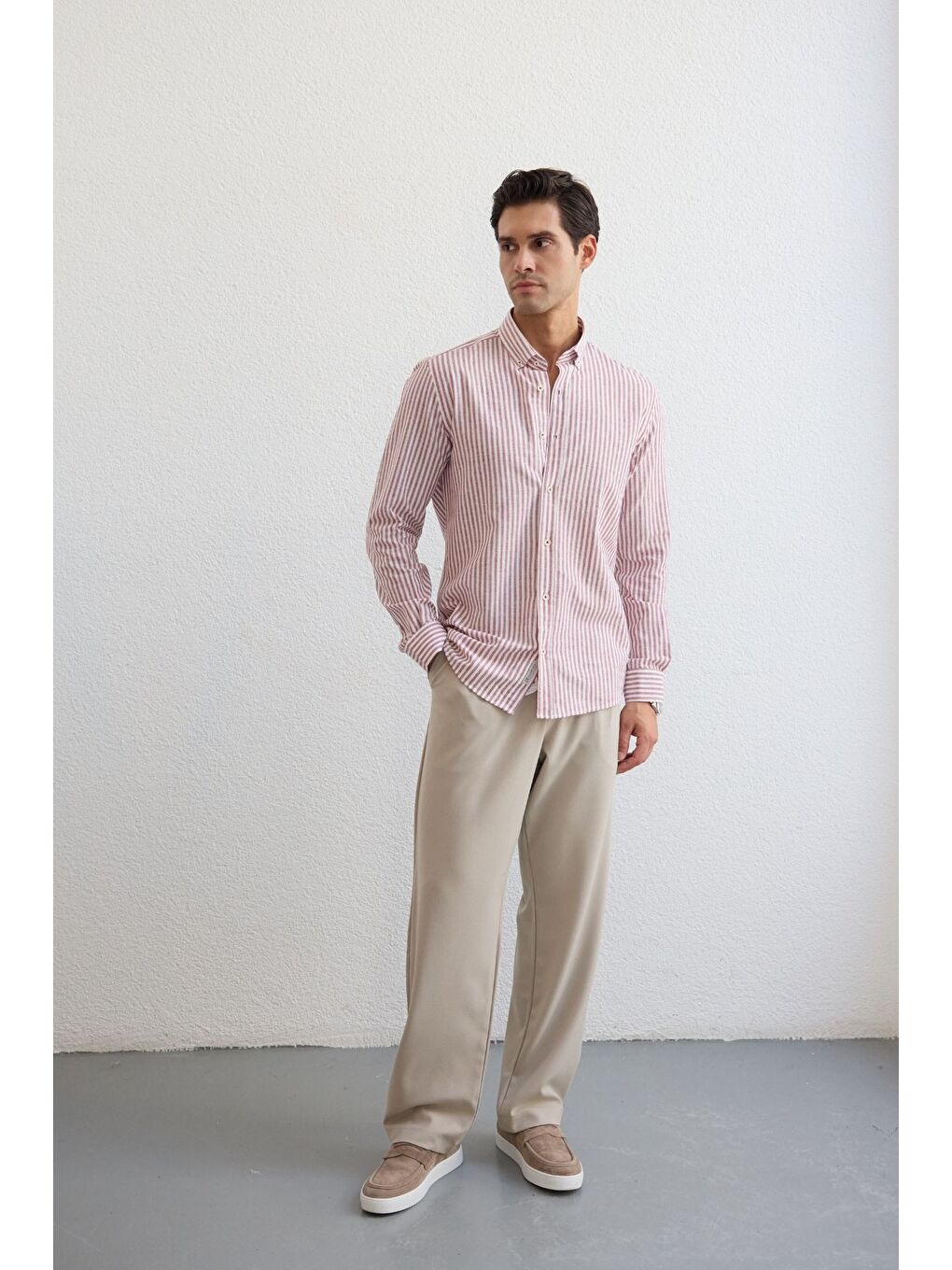 Pembe Senoc Erkek Gömlek Modern Slim Fit Keten Görünümlü Kalın Çizgili-2