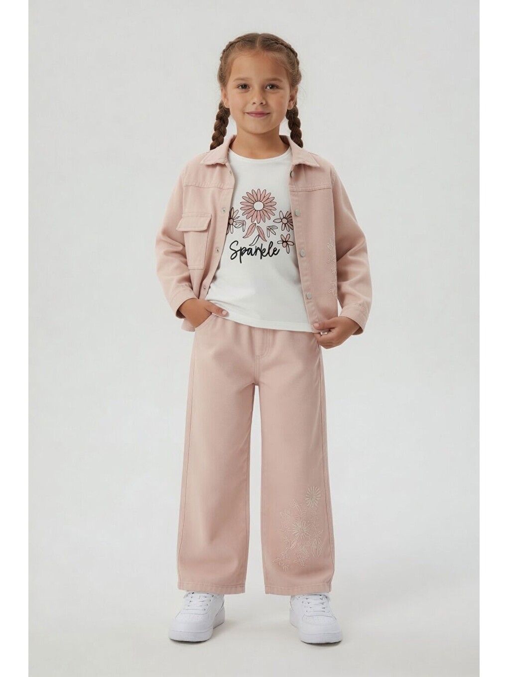 Pembe Çiçek İşlemeli Ceketli Pantolonlu Kız Çocuk Tişörtlü 3lü Takım 24120-3