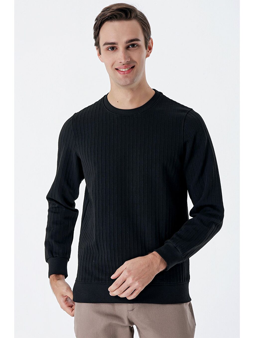 Siyah Uzun Kollu  Örme Bisiklet Yaka   Elastanlı Casual Comfort Fit Sweatshirt 1013235104