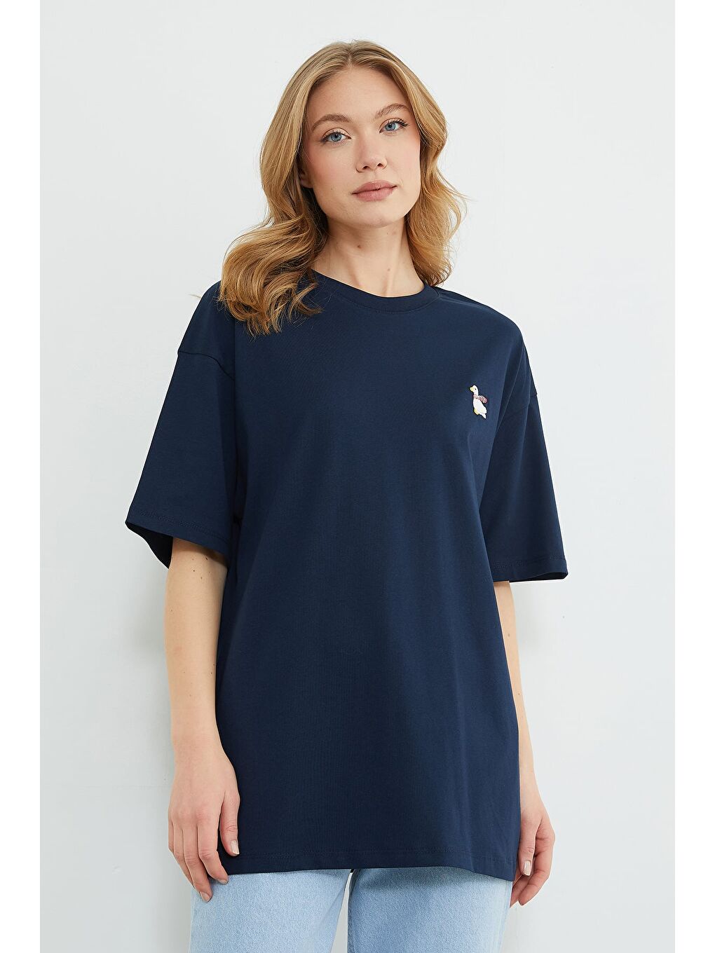 Lacivert Ördek Nakışlı Bisiklet Yaka Tişört-2