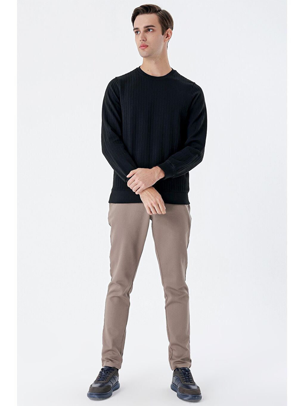 Siyah Uzun Kollu  Örme Bisiklet Yaka   Elastanlı Casual Comfort Fit Sweatshirt 1013235104-1