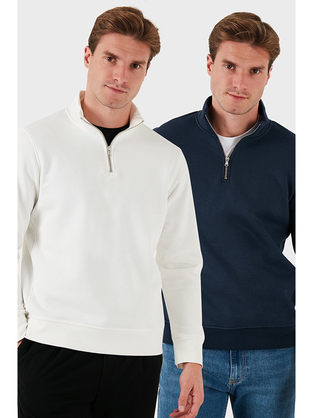 Ekru Pamuklu Regular Fit Dik Yaka 2'li Paket Sweat 59052592S2