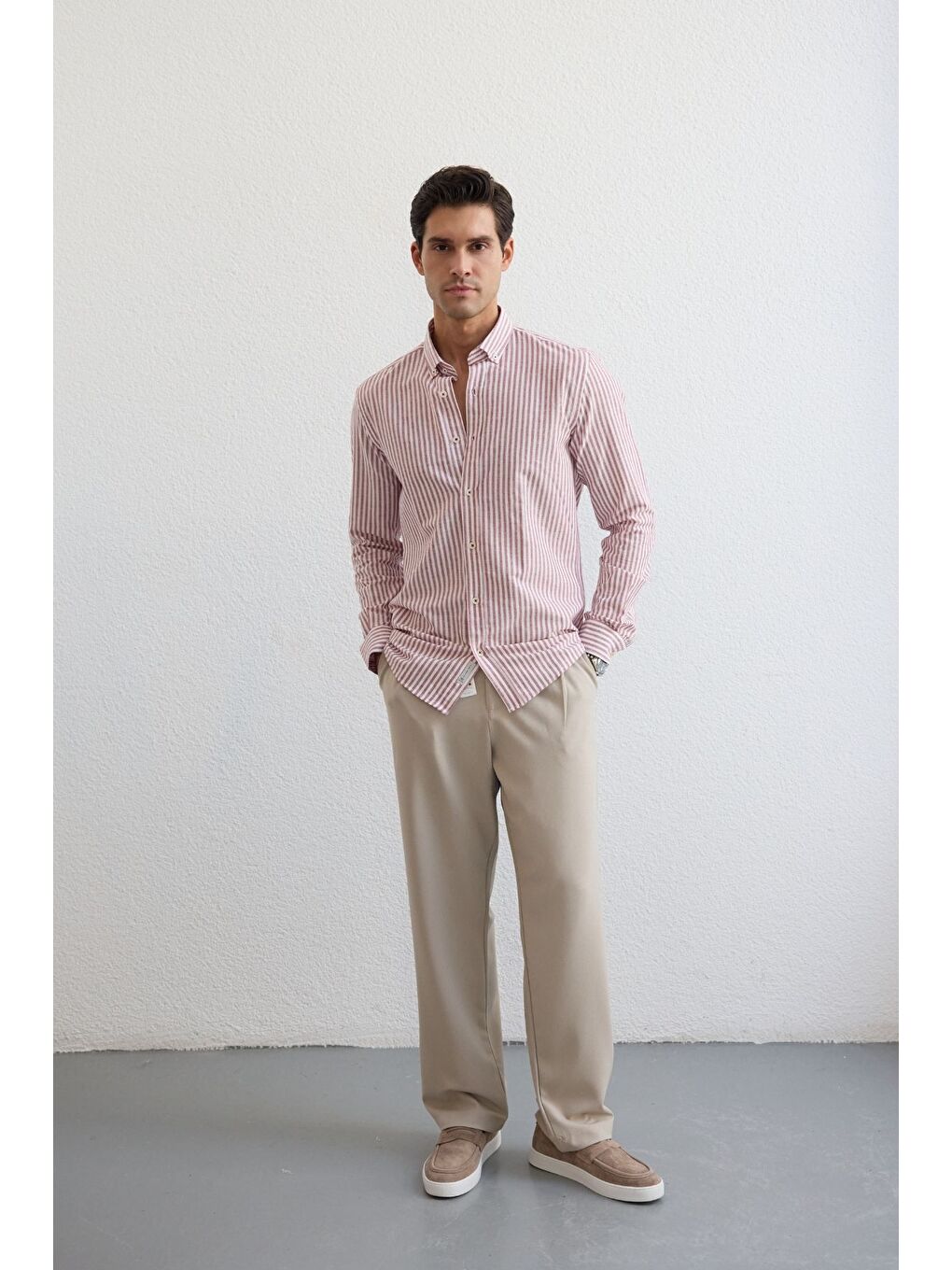 Pembe Senoc Erkek Gömlek Modern Slim Fit Keten Görünümlü Kalın Çizgili-3