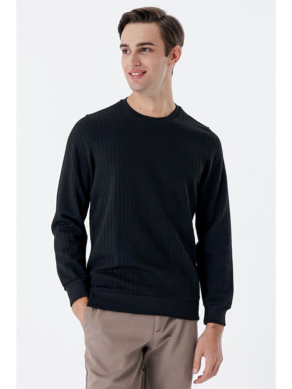 Siyah Uzun Kollu  Örme Bisiklet Yaka   Elastanlı Casual Comfort Fit Sweatshirt 1013235104-2