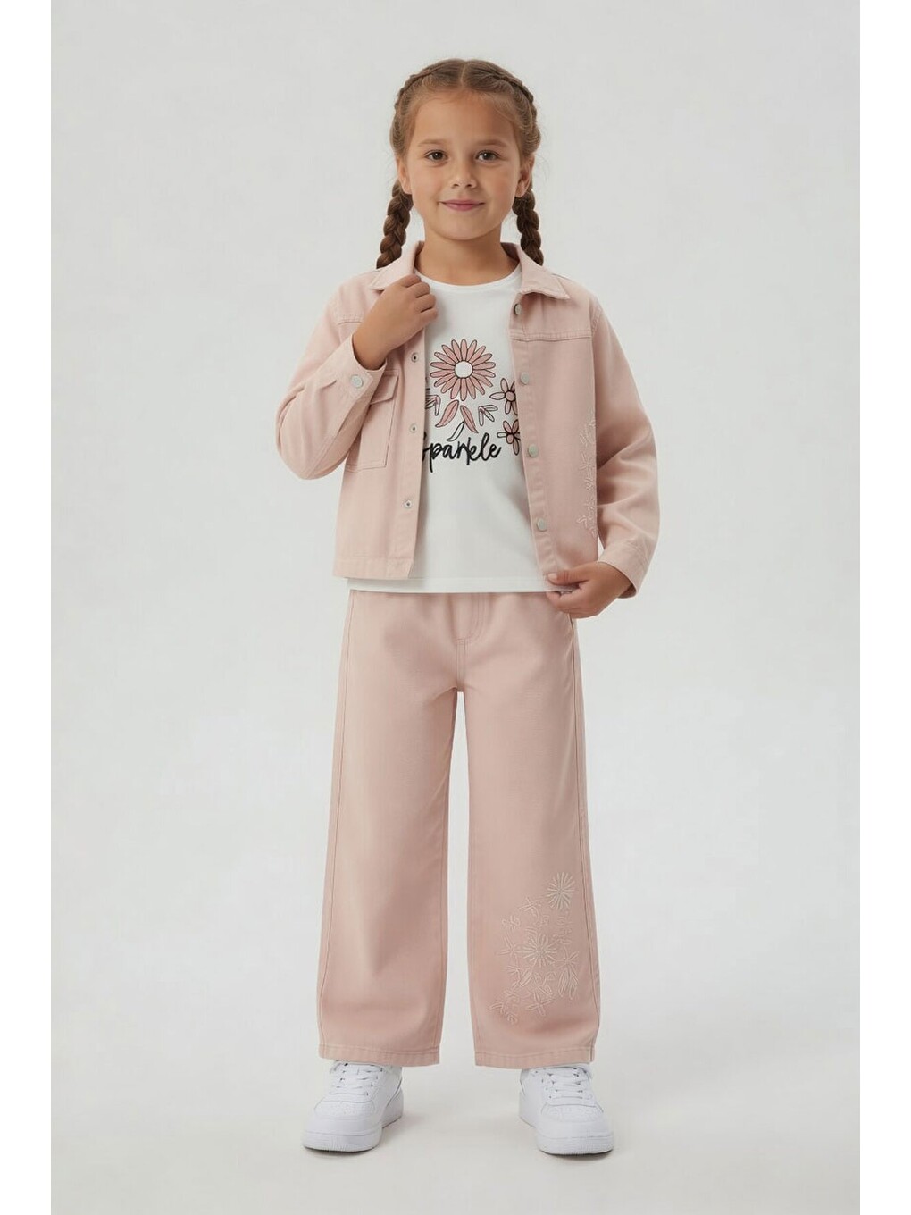 Pembe Çiçek İşlemeli Ceketli Pantolonlu Kız Çocuk Tişörtlü 3lü Takım 24120-4